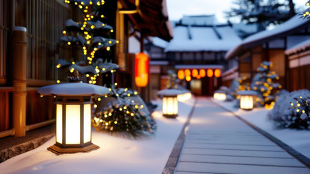 Discover a tranquil snowy pathway in a traditional Japanese village, adorned with beautiful lanterns and lights, creating a serene winter landscape.の素材