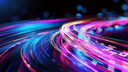 An abstract composition featuring vibrant light trails on a dark background, creating a dynamic and energetic visual experience full of color and motion.の素材
