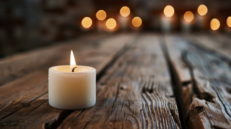 A close-up view of a serene white candle resting on a rustic wooden table, surrounded by warm, blurred lights, creating a cozy and tranquil atmosphere.の素材