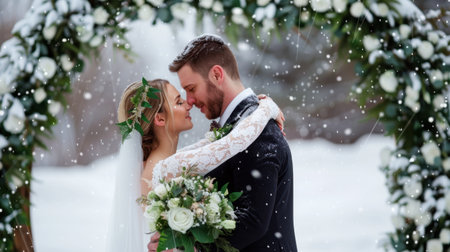 A lovely couple stands under a floral arch during their winter wedding ceremony, embracing each other as snowflakes create a magical atmosphere.の素材