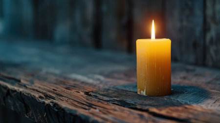 A serene and inviting scene featuring a single flickering candle resting on a rustic wooden surface, exuding a warm glow that enhances the tranquil atmosphere.の素材