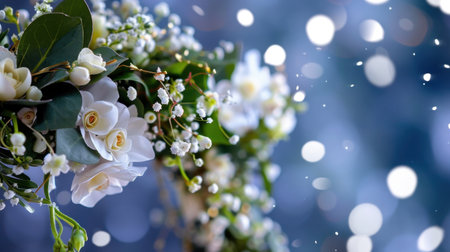 This stunning image features a delicate arrangement of white flowers set against a soft bokeh background, perfect for nature-inspired designs and decorations.の素材
