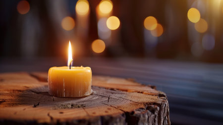 A serene image of a single candle flickering on a rustic wooden surface, creating a warm glow against a softly blurred bokeh backdrop, perfect for relaxation.の素材