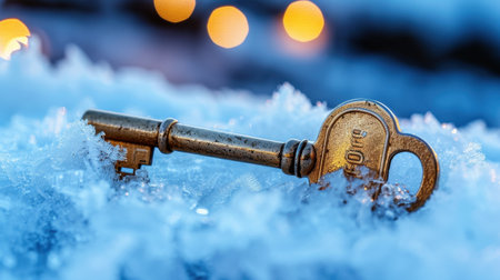 An enchanting vintage key rests on a bed of ice and snow, surrounded by a warm bokeh background. Perfect for conveying themes of mystery and winter beauty.の素材