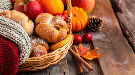 A warm and inviting autumn scene featuring a basket overflowing with freshly baked pastries, vibrant apples, and pumpkins set against a rustic wooden background.の素材