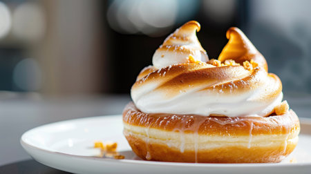 This image showcases a luscious dessert featuring a fluffy meringue topping artfully placed on a soft pastry base. Perfect for food enthusiasts.の素材