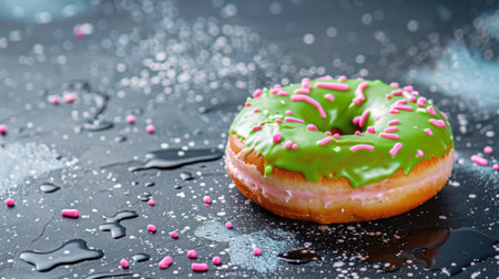 A vibrant donut with green icing and pink sprinkles rests on a dark background, decorated with scattered sprinkles and sparkling water droplets, creating a tempting treat.の素材