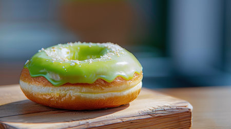 A vibrant green doughnut with a glossy glaze rests on a wooden board. The soft background and natural light enhance the refreshing appeal of this delightful pastry.の素材