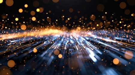 Vibrant abstract image featuring dynamic light trails along with glowing particles and a bokeh effect, perfect for creative projects or backgrounds.の素材