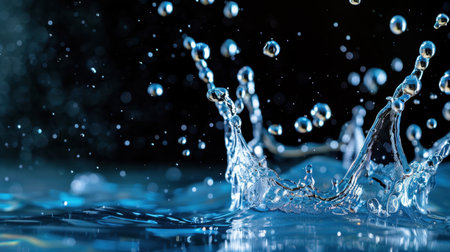 This captivating image features a stunning water splash with droplets, set against a dark background. The dynamic movement showcases the beauty and elegance of water in high definition.の素材
