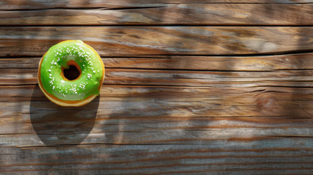This image features a vibrant green frosted donut resting on a rustic wooden table, showcasing its round shape and sweet decoration under natural light.の素材