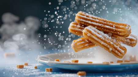 This captivating image showcases delicious churros dusted with sugar, elegantly suspended above a blue plate, creating a delightful scene perfect for food lovers.の素材