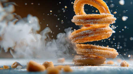 A stunning capture of a spiral stack of churros coated with sugar, surrounded by a dreamy steam effect, perfect for food and dessert lovers.の素材