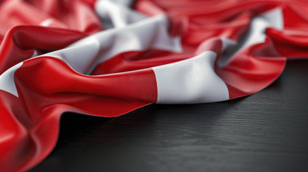 A close-up view of a smooth fabric flag in red and white, elegantly draped across a dark wooden surface, showcasing its texture and color richness.の素材