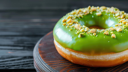 A freshly baked donut featuring a vibrant green glaze and topped with finely chopped nuts, set on a rustic wooden platter, ideal for tempting dessert lovers.の素材