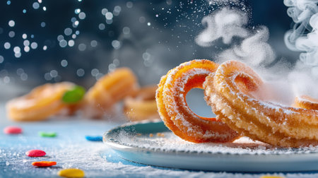 A tempting close-up of churros dusted with powdered sugar, set against a dreamy bokeh background with an array of colorful candies scattered around.の素材