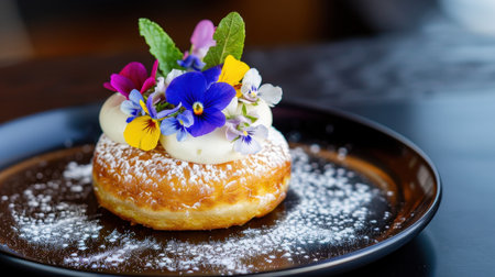 A delectable dessert featuring a soft pastry topped with rich cream and adorned with vibrant edible flowers. Perfect for gourmet presentations.の素材