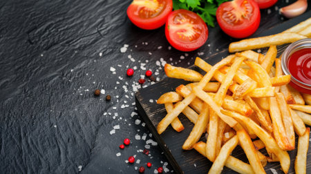 A tempting image of golden, crispy French fries served alongside bright tomato slices and a small bowl of ketchup, perfect for enhancing any meal experience.の素材