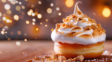 A delectable dessert featuring a donut base topped with luscious meringue and crumbled cookies, all beautifully presented against a dreamy bokeh background.の素材