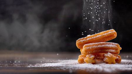 A stack of golden, crunchy churros dusted with powdered sugar creates an enticing image, perfect for food lovers and culinary enthusiasts.の素材