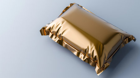 This image features a shiny, metallic gold cushion with gentle pleats resting on a soft blue surface, combining luxury and contemporary design elements.の素材