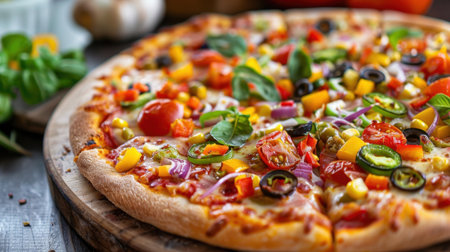 A vibrant and delicious pizza featuring a variety of toppings such as cheese, olives, fresh tomatoes, and herbs, perfect for sharing.の素材