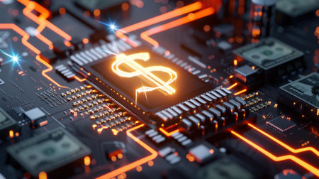 This image features a high-tech circuit board design with an illuminated dollar symbol, symbolizing the fusion of technology and finance in a vibrant and modern aesthetic.の素材