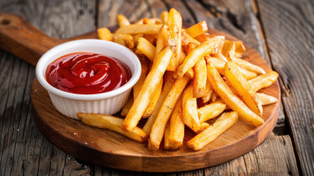 A generous serving of crispy golden french fries arranged on a rustic wooden plate accompanied by a small bowl of rich red tomato ketchup, perfect for dipping.の素材