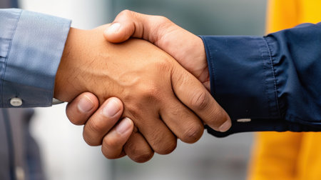 A close-up image of two hands engaged in a handshake, symbolizing trust and partnership in various contexts, both personal and professional.の素材