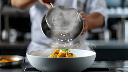 A talented chef showcases his culinary artistry by sprinkling ingredients over a meticulously plated dish, emanating warmth and love in a vibrant kitchen.の素材