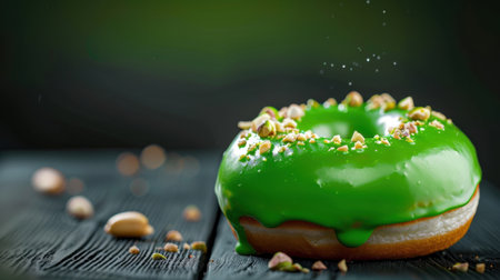 This image features a freshly glazed green donut adorned with nuts, resting on a wooden surface with a dark background, evoking a tempting and delightful treat atmosphere.の素材