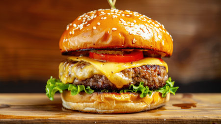 This image showcases a mouth-watering cheeseburger featuring fresh lettuce, tomato, and melted cheese on a golden sesame seed bun, perfect for food lovers.の素材