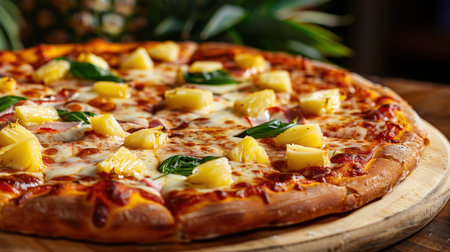 A mouthwatering Hawaiian pizza featuring melted cheese, juicy pineapple chunks, and fragrant basil leaves, served on a rustic wooden board. Perfect for sharing!の素材