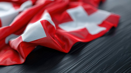 A striking close-up of a wrinkled red fabric featuring a prominent white cross, capturing the essence of Swiss national pride and identity in vibrant detail.の素材