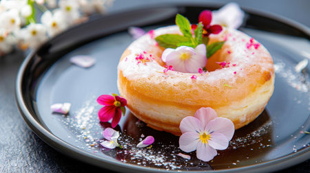 This beautiful donut features a delicate frosting topped with edible flowers and mint leaves, showcasing a stunning dessert presentation perfect for any occasion.の素材