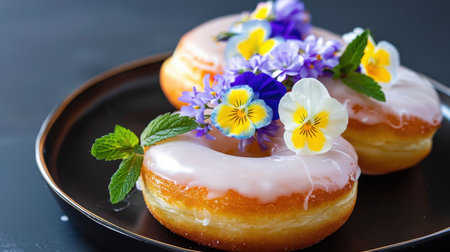Indulge in these delicious glazed donuts beautifully adorned with vibrant edible flowers and fresh mint leaves, perfect for any sweet occasion.の素材