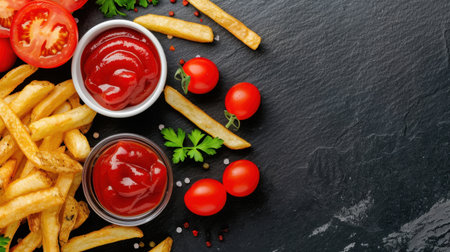 A vibrant arrangement of crispy French fries paired with fresh red tomatoes and rich ketchup on a dark slate background, perfect for culinary inspiration.の素材