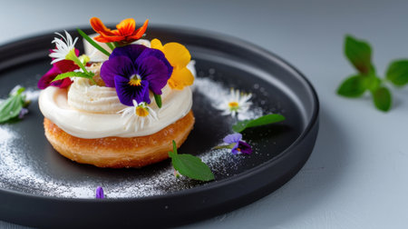 A stunning dessert featuring light whipped cream, an array of vibrant edible flowers, and a soft pastry base, elegantly presented on a chic black plate.の素材