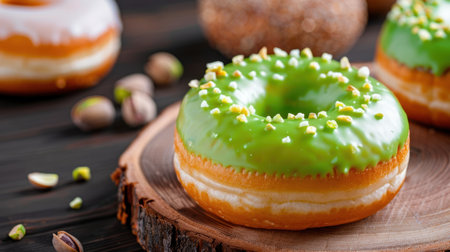 This vibrant green glazed donut topped with crushed pistachios sits enticingly on a rustic wooden board, perfect for showcasing delicious desserts.の素材