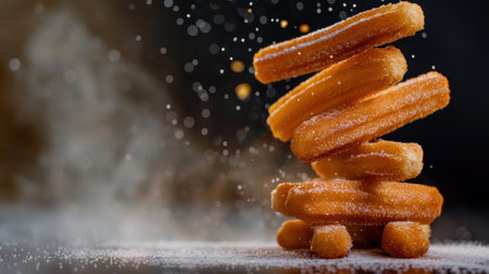 A stunning image of freshly fried churros stacked with a sugary coating, evoking indulgence and delight for food enthusiasts. Perfect for dessert lovers!の素材