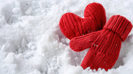 A charming arrangement of cozy red mittens and a heart shape resting on fresh snow symbolizes warmth and love during the winter season.の素材