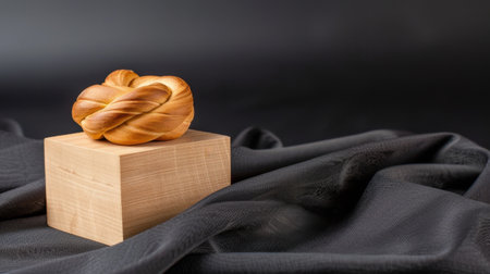 This captivating wooden sculpture features an intricate knot design, resting elegantly on a smooth block against a dark fabric background, emphasizing its beauty and craftsmanship.の素材