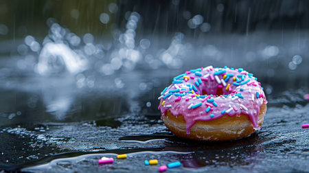 A vibrant donut featuring pink icing and colorful sprinkles rests on a wet surface, creating a delightful and visually appealing dessert scene.の素材