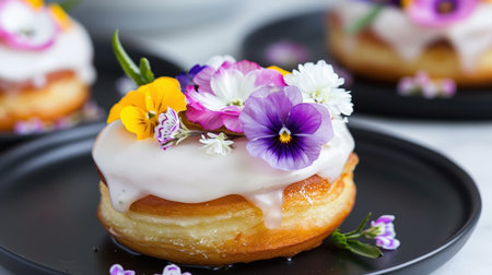 A vibrant donut topped with creamy icing and adorned with colorful edible flowers, perfect for spring celebrations and gourmet dessert lovers.の素材