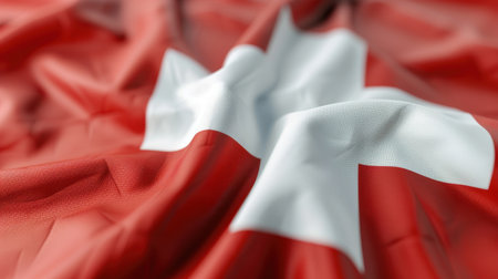 This image captures the intricate texture of the Swiss flag, highlighting the bold red background and iconic white cross. Perfect for cultural or travel-themed projects.の素材
