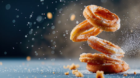 A captivating image of donuts floating in the air, dusted with powdered sugar, creating a whimsical scene filled with playful particles of sweetness.の素材