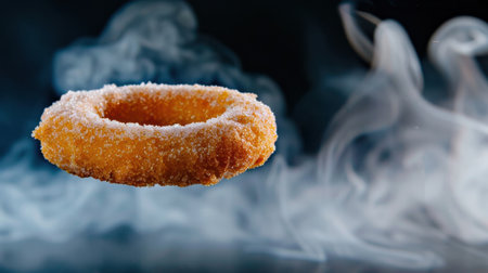 This striking image features a golden, sugar-coated doughnut gracefully floating amidst a cloud of mystical smoke, set against a dark backdrop.の素材