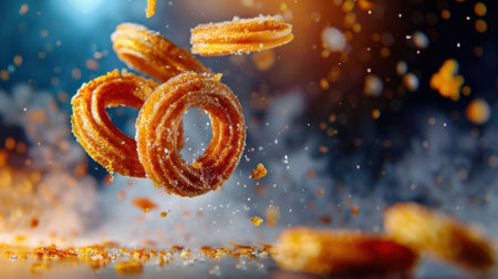Capture the joy of delicious churros as they float in a vibrant burst of sugar and flavor, featuring a colorful aesthetic background perfect for food lovers.の素材