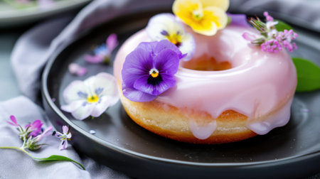 This image features a beautifully decorated donut with pink glaze and vibrant edible flowers on a dark plate, perfect for food photography or culinary inspiration.の素材