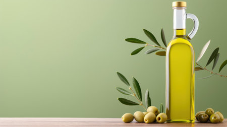 This image showcases a glass bottle of olive oil surrounded by fresh olives and an olive branch, set against a soft green background, ideal for food and lifestyle themes.の素材